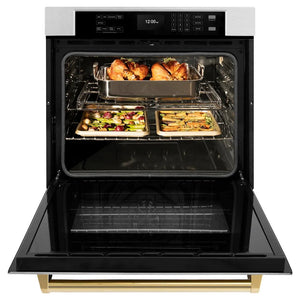 ZLINE 30 in. Autograph Edition Professional True Convection Single Wall Oven with Air Fry and Self Clean in Satin Stainless Steel with Polished Gold Handle (WASSZ-30-G) front, open.