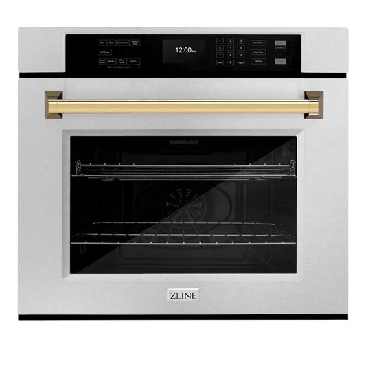 ZLINE 30 in. Autograph Edition Professional True Convection Single Wall Oven with Air Fry and Self Clean in Satin Stainless Steel with Polished Gold Handle (WASSZ-30-G) front.