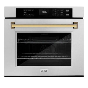 ZLINE Autograph Edition 30 in. Professional True Convection Single Wall Oven with Air Fry and Self Clean in Satin Stainless Steel with Polished Gold Handle (WASSZ-30-G) main image.