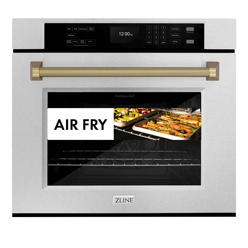 ZLINE Autograph Edition 30 in. Professional True Convection Single Wall Oven with Air Fry and Self Clean in Satin Stainless Steel with Champagne Bronze Helix Handle (WASSZ-30-KCB) front, showing air fry capability.