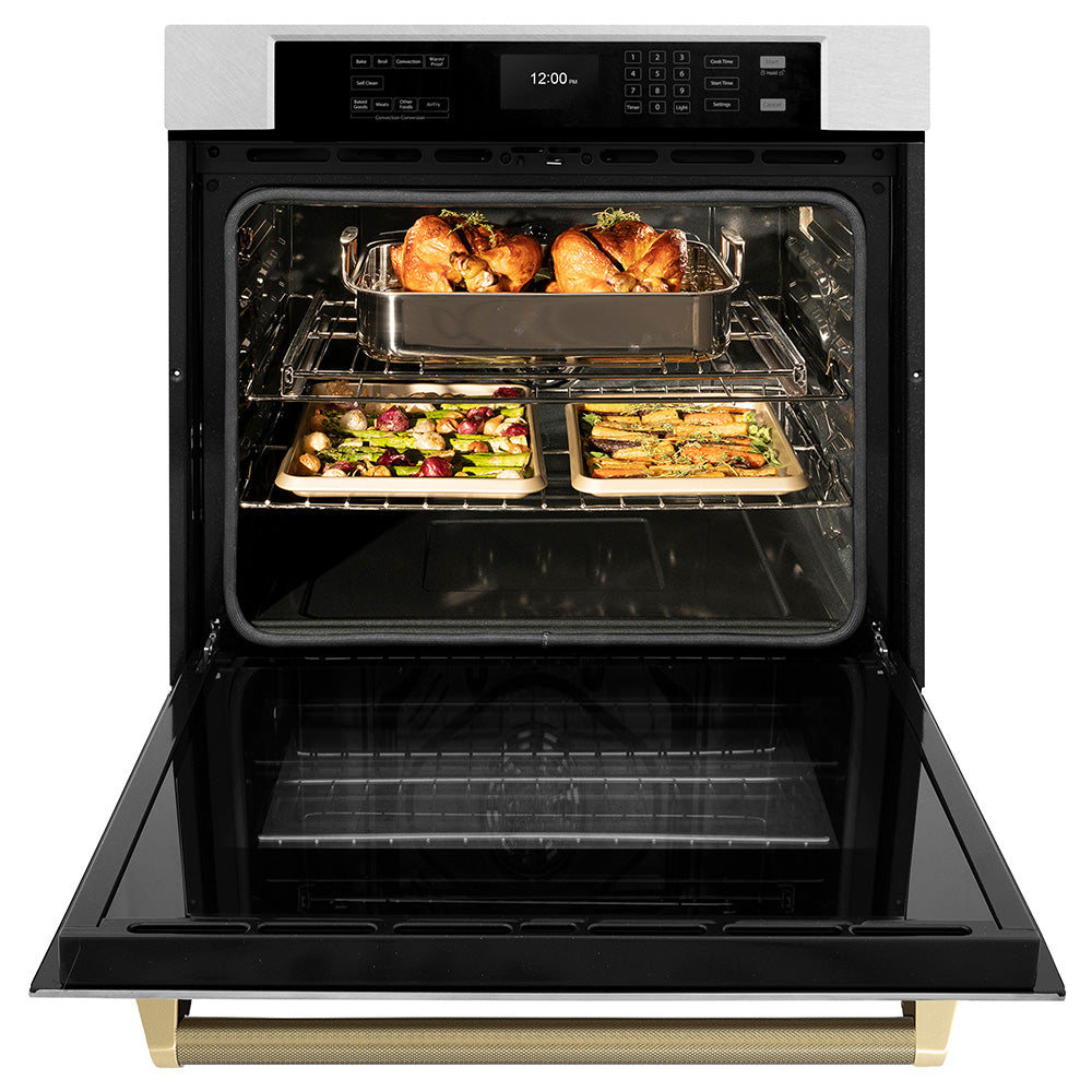 ZLINE Autograph Edition 30 in. Professional True Convection Single Wall Oven with Air Fry and Self Clean in Satin Stainless Steel with Champagne Bronze Helix Handle (WASSZ-30-KCB) front, open.
