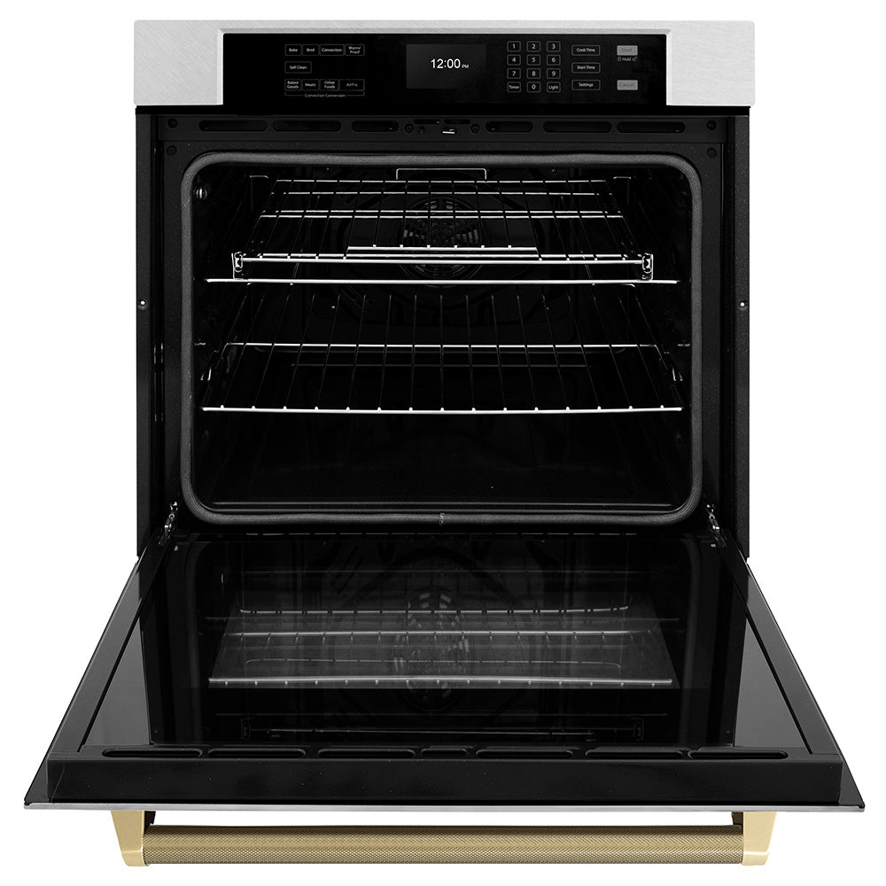 ZLINE Autograph Edition 30 in. Professional True Convection Single Wall Oven with Air Fry and Self Clean in Satin Stainless Steel with Champagne Bronze Helix Handle (WASSZ-30-KCB) front, open.