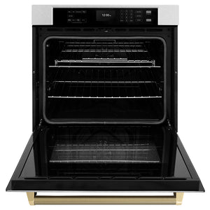 ZLINE Autograph Edition 30 in. Professional True Convection Single Wall Oven with Air Fry and Self Clean in Satin Stainless Steel with Champagne Bronze Helix Handle (WASSZ-30-KCB) front, open.