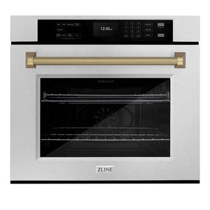 ZLINE Autograph Edition 30 in. Professional True Convection Single Wall Oven with Air Fry and Self Clean in Satin Stainless Steel with Champagne Bronze Helix Handle (WASSZ-30-KCB)