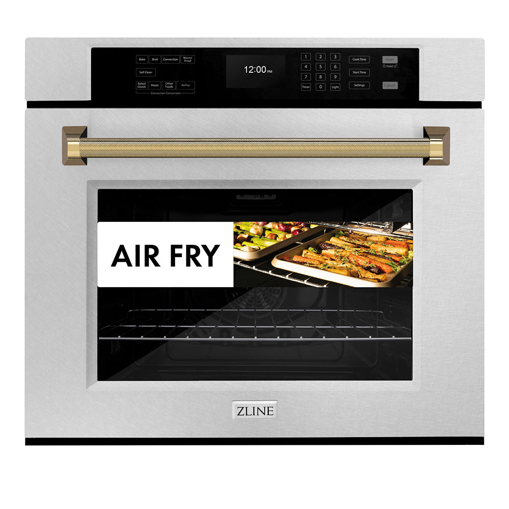 ZLINE Autograph Edition 30 in. Professional True Convection Single Wall Oven with Air Fry and Self Clean in Satin Stainless Steel with Polished Gold Helix Handle (WASSZ-30-KG) front, showing air fry capability.
