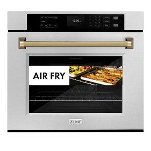 ZLINE Autograph Edition 30 in. Professional True Convection Single Wall Oven with Air Fry and Self Clean in Satin Stainless Steel with Polished Gold Helix Handle (WASSZ-30-KG) front, showing air fry capability.