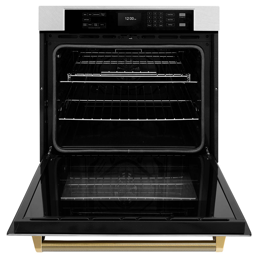 ZLINE Autograph Edition 30 in. Professional True Convection Single Wall Oven with Air Fry and Self Clean in Satin Stainless Steel with Polished Gold Helix Handle (WASSZ-30-KG) front, open.