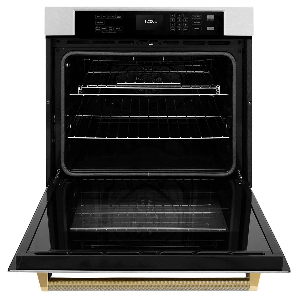 ZLINE Autograph Edition 30 in. Professional True Convection Single Wall Oven with Air Fry and Self Clean in Satin Stainless Steel with Polished Gold Helix Handle (WASSZ-30-KG) front, open.