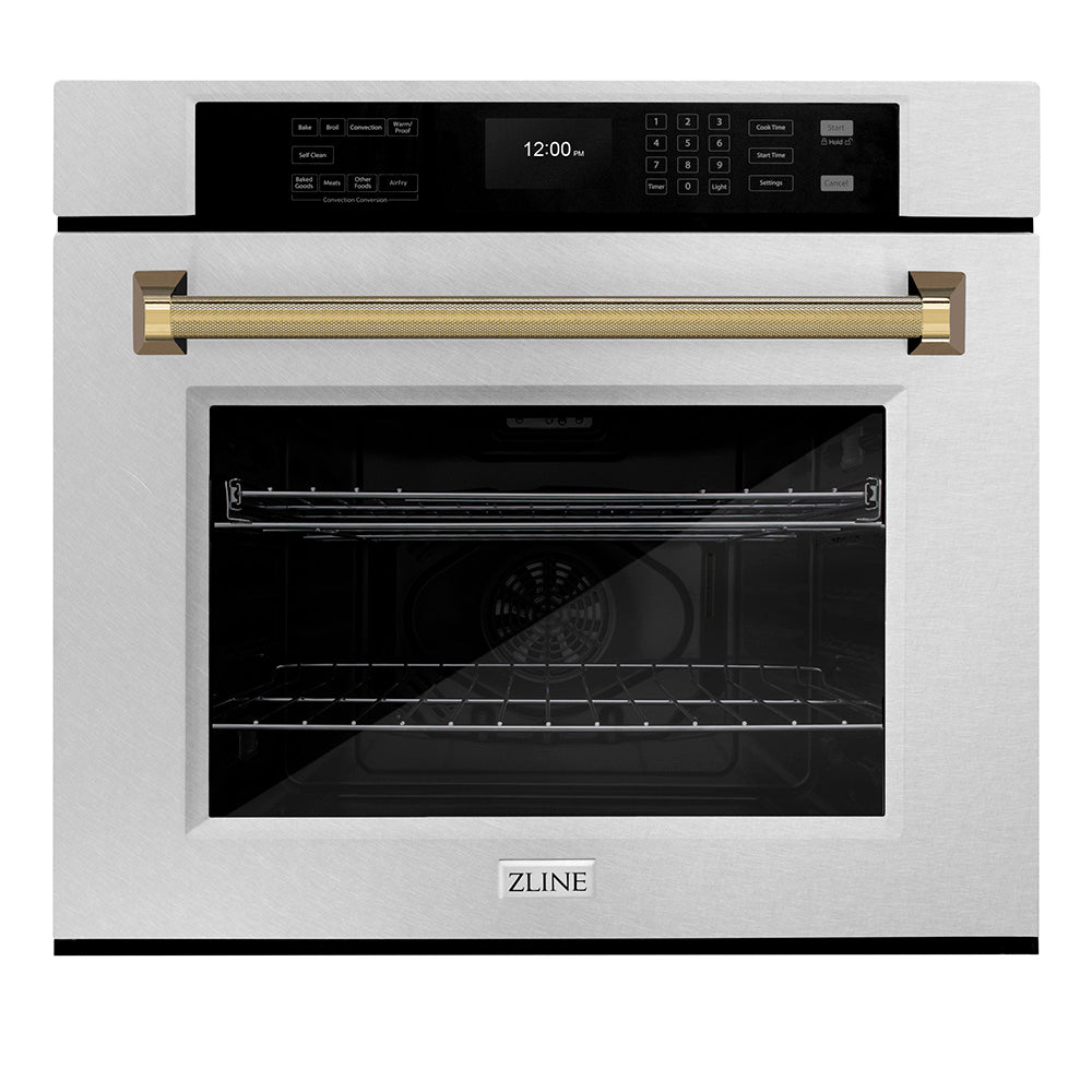 ZLINE Autograph Edition 30 in. Professional True Convection Single Wall Oven with Air Fry and Self Clean in Satin Stainless Steel with Polished Gold Helix Handle (WASSZ-30-KG)