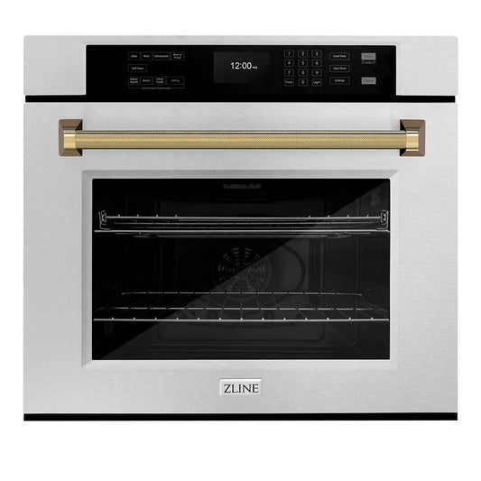 ZLINE Autograph Edition 30 in. Professional True Convection Single Wall Oven with Air Fry and Self Clean in Satin Stainless Steel with Polished Gold Helix Handle (WASSZ-30-KG) main image.