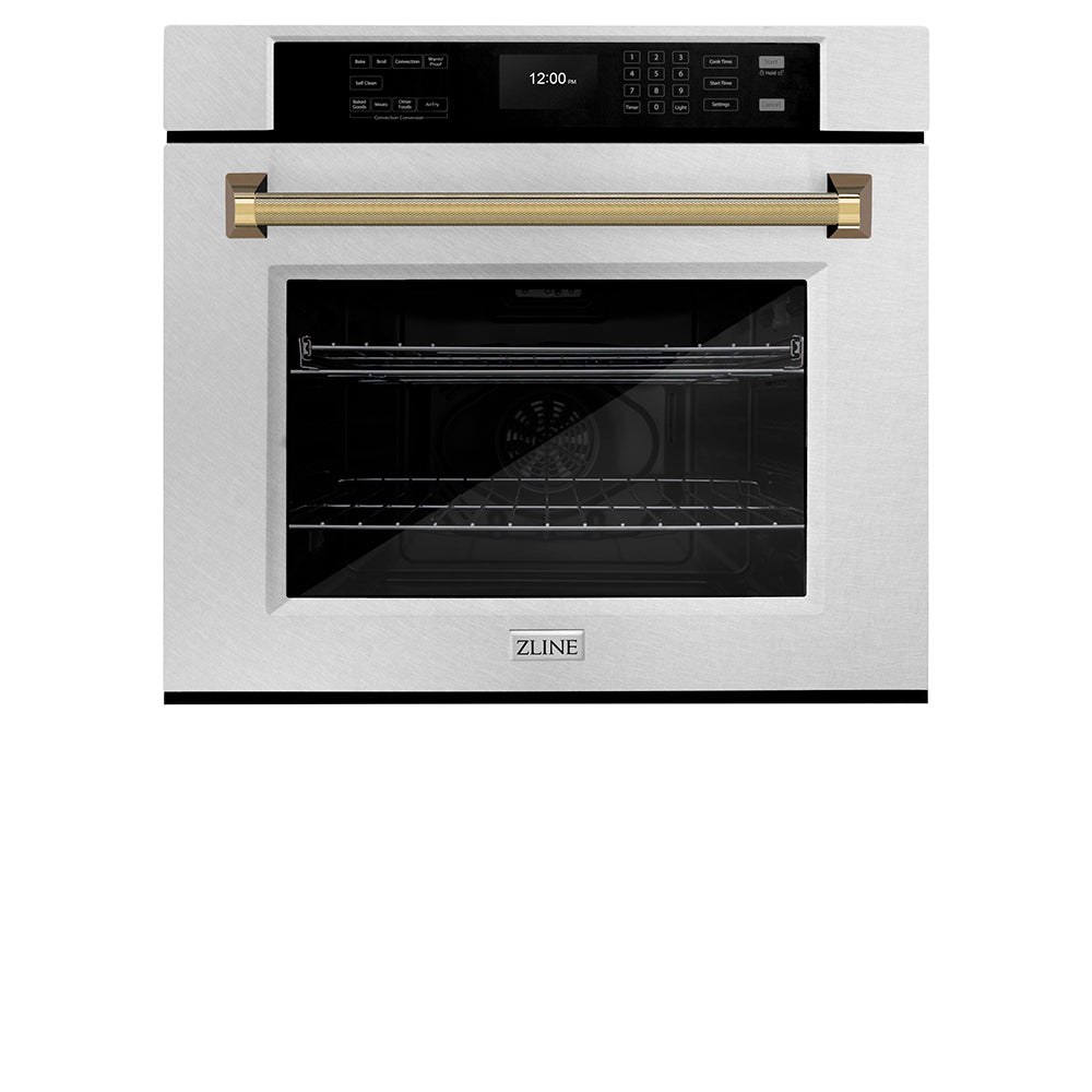 ZLINE Autograph Edition 30 in. Professional True Convection Single Wall Oven with Air Fry and Self Clean in Satin Stainless Steel with Polished Gold Helix Handle (WASSZ-30-KG)