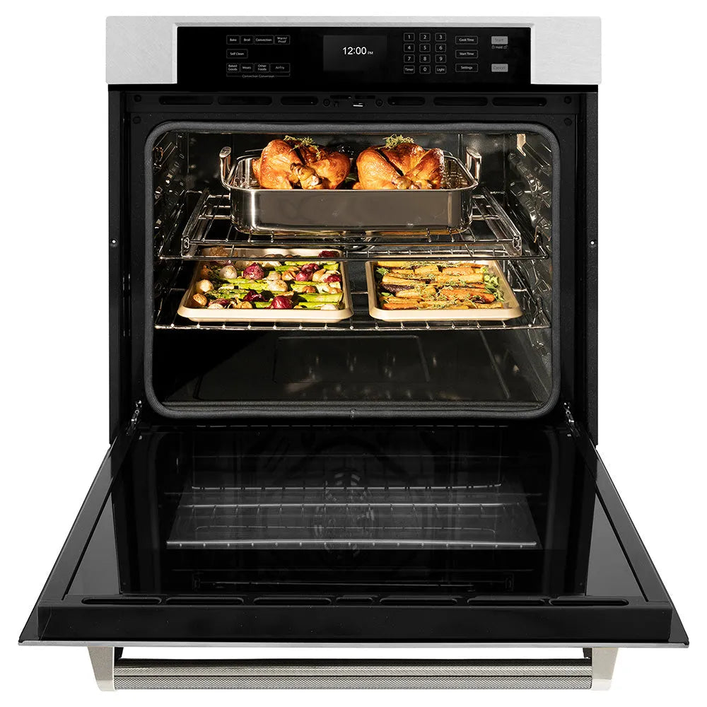 ZLINE Autograph Edition 30 in. Professional True Convection Single Wall Oven with Air Fry and Self Clean in Satin Stainless Steel with Polished Nickel Helix Handle (WASSZ-30-KPN) front, open.