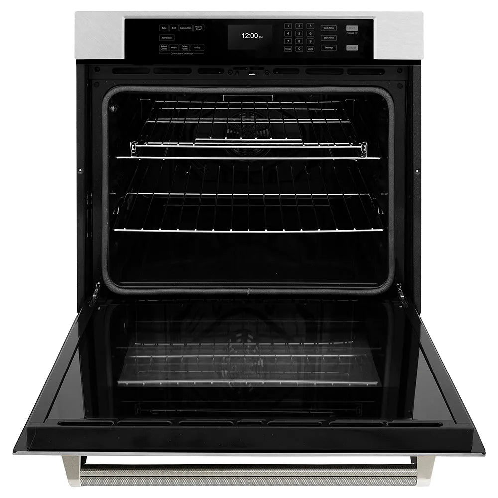 ZLINE Autograph Edition 30 in. Professional True Convection Single Wall Oven with Air Fry and Self Clean in Satin Stainless Steel with Polished Nickel Helix Handle (WASSZ-30-KPN) front, open.