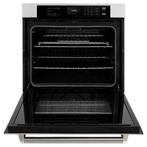 ZLINE Autograph Edition 30 in. Professional True Convection Single Wall Oven with Air Fry and Self Clean in Satin Stainless Steel with Polished Nickel Helix Handle (WASSZ-30-KPN) front, open.