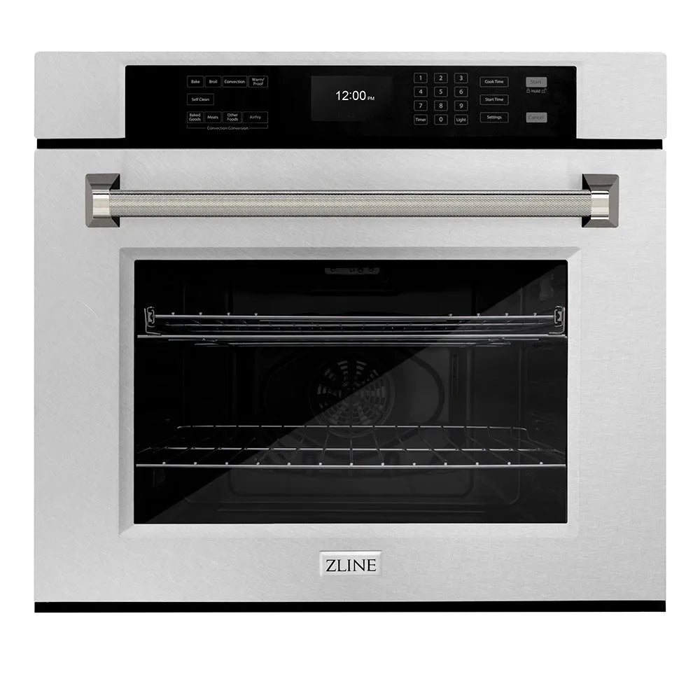 ZLINE Autograph Edition 30 in. Professional True Convection Single Wall Oven with Air Fry and Self Clean in Satin Stainless Steel with Polished Nickel Helix Handle (WASSZ-30-KPN) main image.