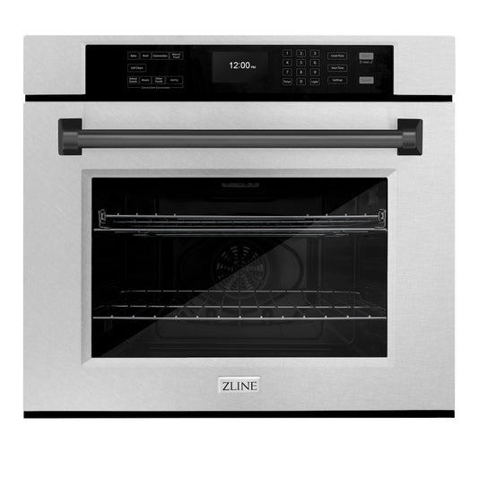 ZLINE 30 in. Autograph Edition Professional True Convection Single Wall Oven with Air Fry and Self Clean in Satin Stainless Steel with Matte Black Handle (WASSZ-30-MB) front.