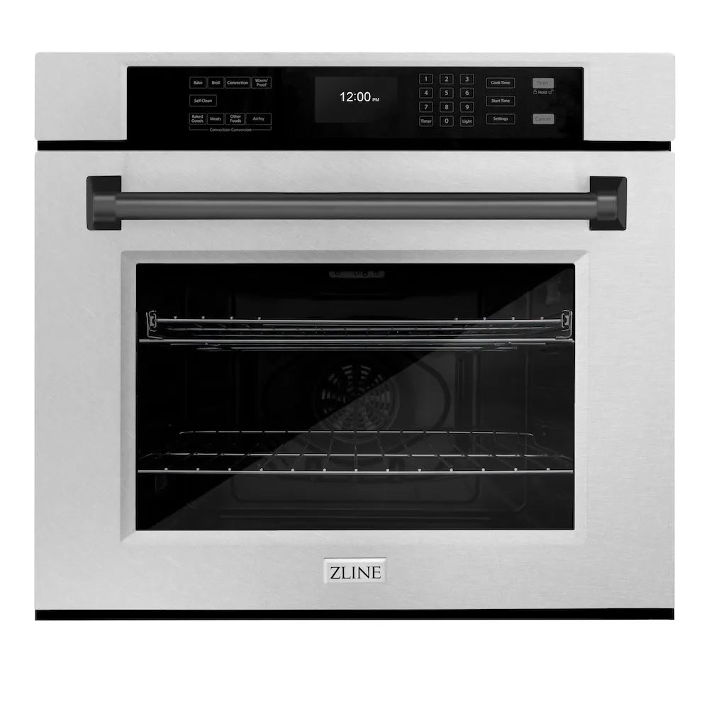 ZLINE Autograph Edition 30 in. Professional True Convection Single Wall Oven with Air Fry and Self Clean in Satin Stainless Steel with Matte Black Handle (WASSZ-30-MB) main image.