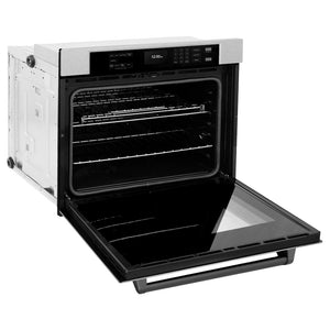 ZLINE 30 in. Autograph Edition Professional True Convection Single Wall Oven with Air Fry and Self Clean in Satin Stainless Steel with Matte Black Handle (WASSZ-30-MB) side, open.
