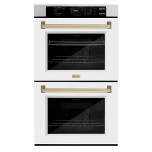 ZLINE 30 in. Autograph Edition Professional True Convection Double Wall Oven with Air Fry and Self Clean in Satin Stainless Steel with White Matte Doors and Champagne Bronze Handles (WADSZ-WM-30-CB)