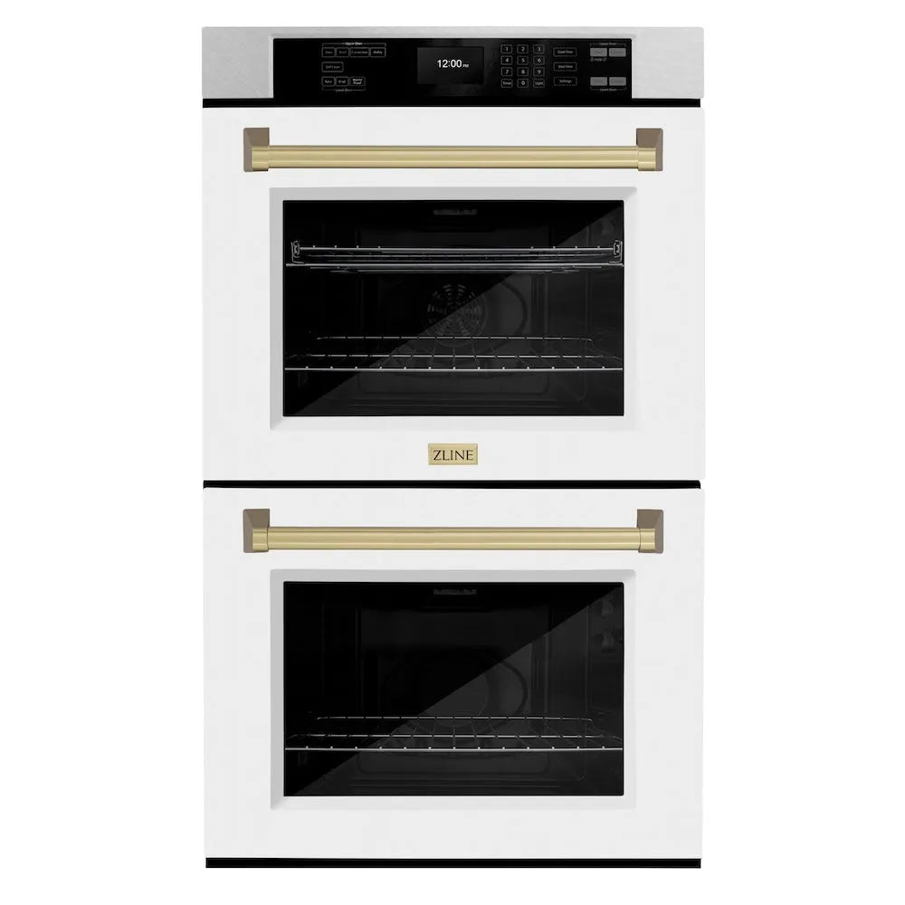 ZLINE Autograph Edition 30 in. Professional True Convection Double Wall Oven with Air Fry and Self Clean in Satin Stainless Steel with White Matte Doors and Champagne Bronze Handles (WADSZ-WM-30-CB) main image.