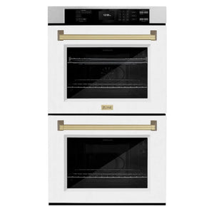 ZLINE Autograph Edition 30 in. Professional True Convection Double Wall Oven with Air Fry and Self Clean in Satin Stainless Steel with White Matte Doors and Champagne Bronze Handles (WADSZ-WM-30-CB) main image.