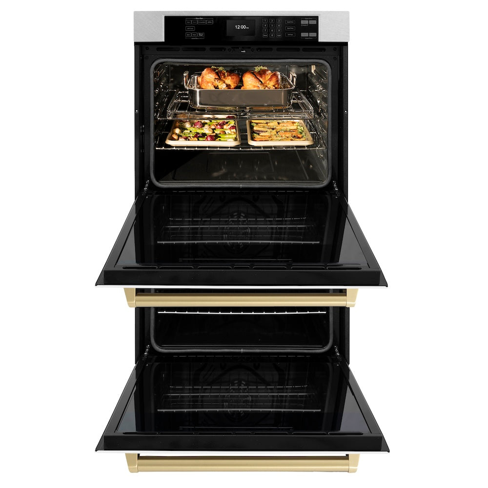 ZLINE 30 in. Autograph Edition Professional True Convection Double Wall Oven with Air Fry and Self Clean in Satin Stainless Steel with White Matte Doors and Champagne Bronze Handles (WADSZ-WM-30-CB) front, open.