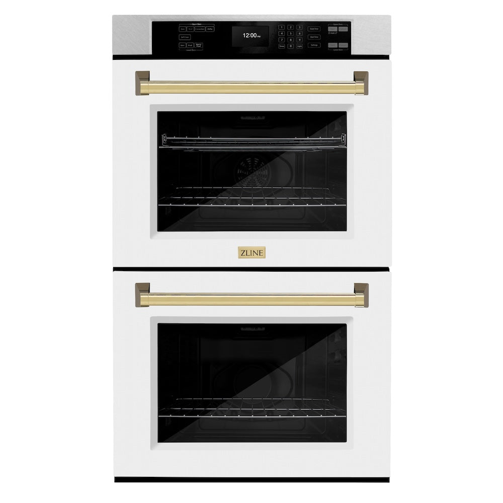 ZLINE 30 in. Autograph Edition Professional True Convection Double Wall Oven with Air Fry and Self Clean in Satin Stainless Steel with White Matte Doors and Polished Gold Handles (WADSZ-WM-30-G)