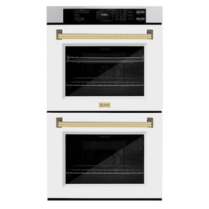 ZLINE 30 in. Autograph Edition Professional True Convection Double Wall Oven with Air Fry and Self Clean in Satin Stainless Steel with White Matte Doors and Polished Gold Handles (WADSZ-WM-30-G)