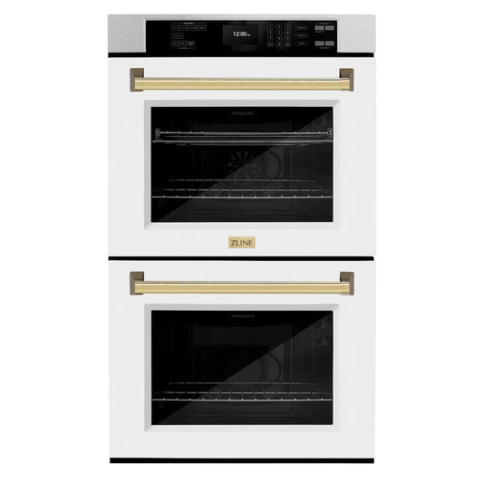 ZLINE 30 in. Autograph Edition Professional True Convection Double Wall Oven with Air Fry and Self Clean in Satin Stainless Steel with White Matte Doors and Polished Gold Handles (WADSZ-WM-30-G)
