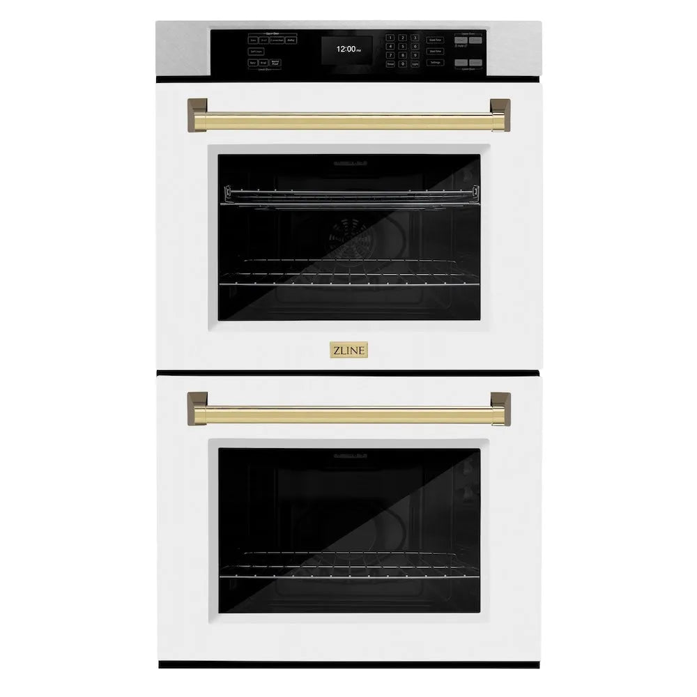 ZLINE Autograph Edition 30 in. Professional True Convection Double Wall Oven with Air Fry and Self Clean in Satin Stainless Steel with White Matte Doors and Polished Gold Handles (WADSZ-WM-30-G) main image.