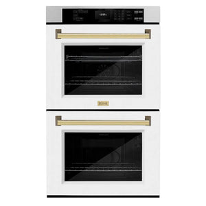 ZLINE Autograph Edition 30 in. Professional True Convection Double Wall Oven with Air Fry and Self Clean in Satin Stainless Steel with White Matte Doors and Polished Gold Handles (WADSZ-WM-30-G) main image.