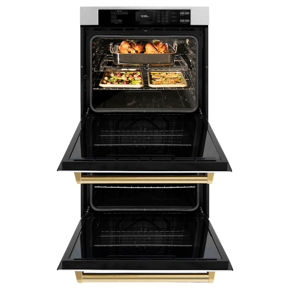 ZLINE 30 in. Autograph Edition Professional True Convection Double Wall Oven with Air Fry and Self Clean in Satin Stainless Steel with White Matte Doors and Polished Gold Handles (WADSZ-WM-30-G) front, open.