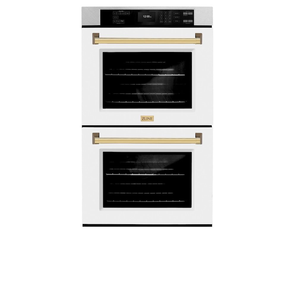 ZLINE Autograph Edition 30 in. Professional True Convection Double Wall Oven with Air Fry and Self Clean in Satin Stainless Steel with White Matte Doors and Polished Gold Handles (WADSZ-WM-30-G)