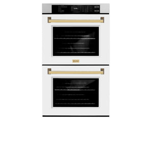 ZLINE Autograph Edition 30 in. Professional True Convection Double Wall Oven with Air Fry and Self Clean in Satin Stainless Steel with White Matte Doors and Polished Gold Handles (WADSZ-WM-30-G)