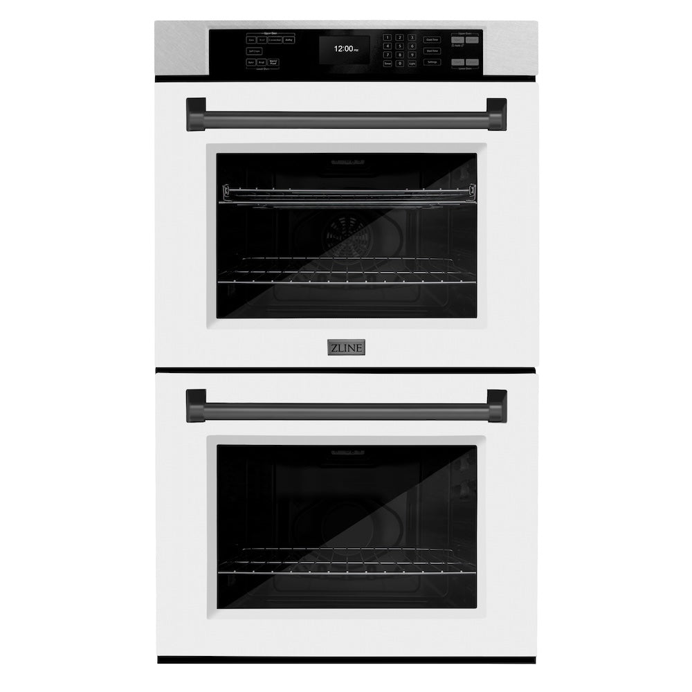 ZLINE 30 in. Autograph Edition Professional True Convection Double Wall Oven with Air Fry and Self Clean in Satin Stainless Steel with White Matte Doors and Matte Black Handles (WADSZ-WM-30-MB)