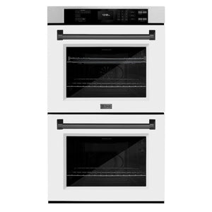 ZLINE 30 in. Autograph Edition Professional True Convection Double Wall Oven with Air Fry and Self Clean in Satin Stainless Steel with White Matte Doors and Matte Black Handles (WADSZ-WM-30-MB)