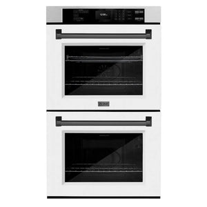 ZLINE Autograph Edition 30 in. Professional True Convection Double Wall Oven with Air Fry and Self Clean in Satin Stainless Steel with White Matte Doors and Matte Black Handles (WADSZ-WM-30-MB) main image.
