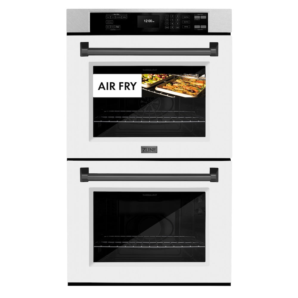 ZLINE 30 in. Autograph Edition Professional True Convection Double Wall Oven with Air Fry and Self Clean in Satin Stainless Steel with White Matte Doors and Matte Black Handles (WADSZ-WM-30-MB)