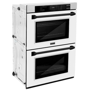 ZLINE 30 in. Autograph Edition Professional True Convection Double Wall Oven with Air Fry and Self Clean in Satin Stainless Steel with White Matte Doors and Matte Black Handles (WADSZ-WM-30-MB) side.
