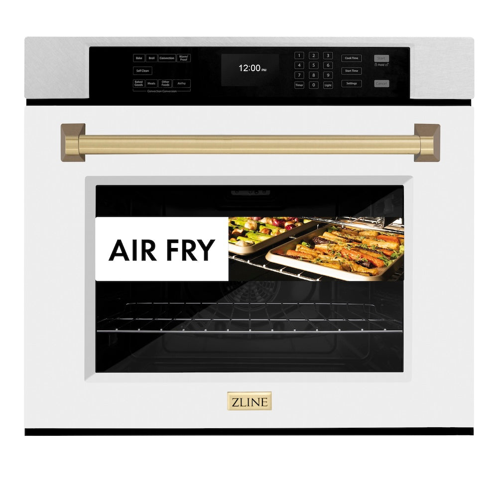 ZLINE 30 in. Autograph Edition Professional True Convection Single Wall Oven with Air Fry and Self Clean in Satin Stainless Steel with White Matte Door and Champagne Bronze Handle (WASSZ-WM-30-CB) front, with air fry food.