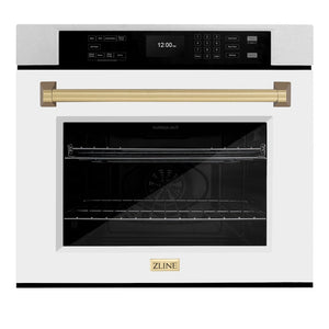 ZLINE 30 in. Autograph Edition Professional True Convection Single Wall Oven with Air Fry and Self Clean in Satin Stainless Steel with White Matte Door and Champagne Bronze Handle (WASSZ-WM-30-CB) front.