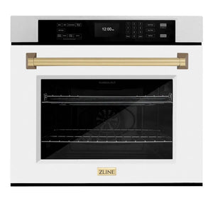 ZLINE Autograph Edition 30 in. Professional True Convection Single Wall Oven with Air Fry and Self Clean in Satin Stainless Steel with White Matte Door and Champagne Bronze Handle (WASSZ-WM-30-CB) main image.