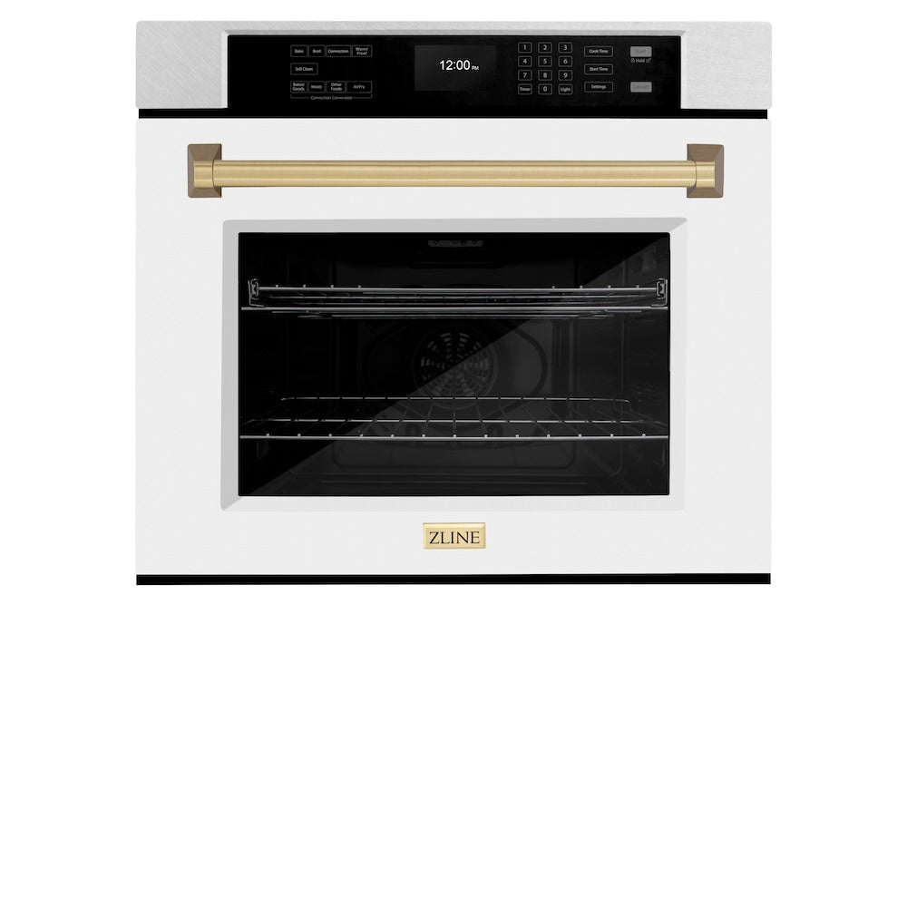 ZLINE 30 in. Autograph Edition Professional True Convection Single Wall Oven with Air Fry and Self Clean in Satin Stainless Steel with White Matte Door and Champagne Bronze Handle (WASSZ-WM-30-CB) front, closed.