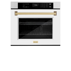 ZLINE 30 in. Autograph Edition Professional True Convection Single Wall Oven with Air Fry and Self Clean in Satin Stainless Steel with White Matte Door and Champagne Bronze Handle (WASSZ-WM-30-CB) front, closed.
