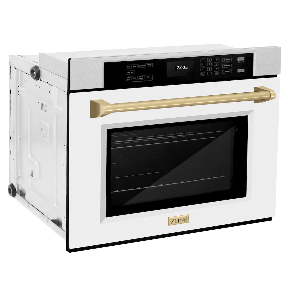 ZLINE 30 in. Autograph Edition Professional True Convection Single Wall Oven with Air Fry and Self Clean in Satin Stainless Steel with White Matte Door and Champagne Bronze Handle (WASSZ-WM-30-CB) side.