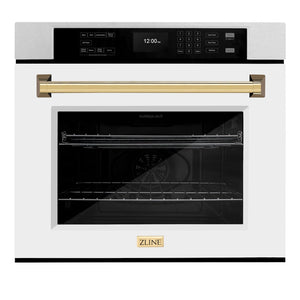 ZLINE 30 in. Autograph Edition Professional True Convection Single Wall Oven with Air Fry and Self Clean in Satin Stainless Steel with White Matte Door and Polished Gold Handle (WASSZ-WM-30-G) front.