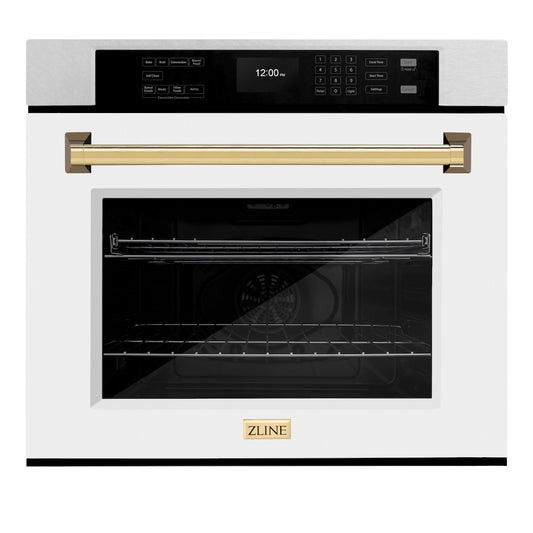 ZLINE 30 in. Autograph Edition Professional True Convection Single Wall Oven with Air Fry and Self Clean in Satin Stainless Steel with White Matte Door and Polished Gold Handle (WASSZ-WM-30-G) front.