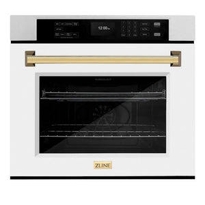ZLINE Autograph Edition 30 in. Professional True Convection Single Wall Oven with Air Fry and Self Clean in Satin Stainless Steel with White Matte Door and Polished Gold Handle (WASSZ-WM-30-G) main image.
