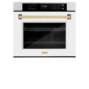 ZLINE 30 in. Autograph Edition Professional True Convection Single Wall Oven with Air Fry and Self Clean in Satin Stainless Steel with White Matte Door and Polished Gold Handle (WASSZ-WM-30-G) front, closed.