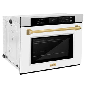 ZLINE 30 in. Autograph Edition Professional True Convection Single Wall Oven with Air Fry and Self Clean in Satin Stainless Steel with White Matte Door and Polished Gold Handle (WASSZ-WM-30-G) side.